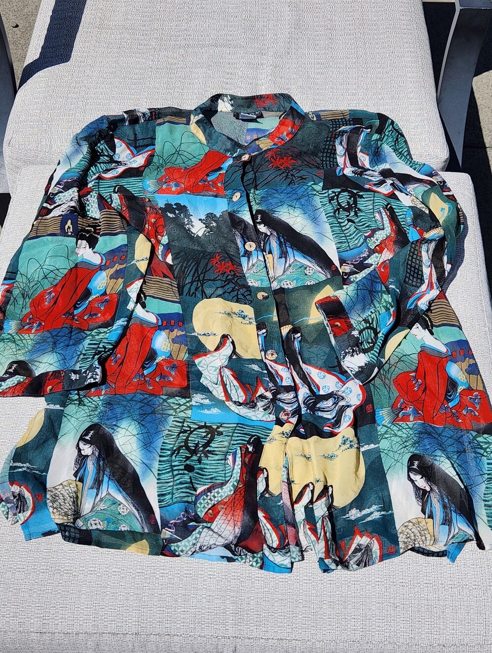 CITRON Silk Kimono Style Blouse Top Asian Geisha Print Graphics Green